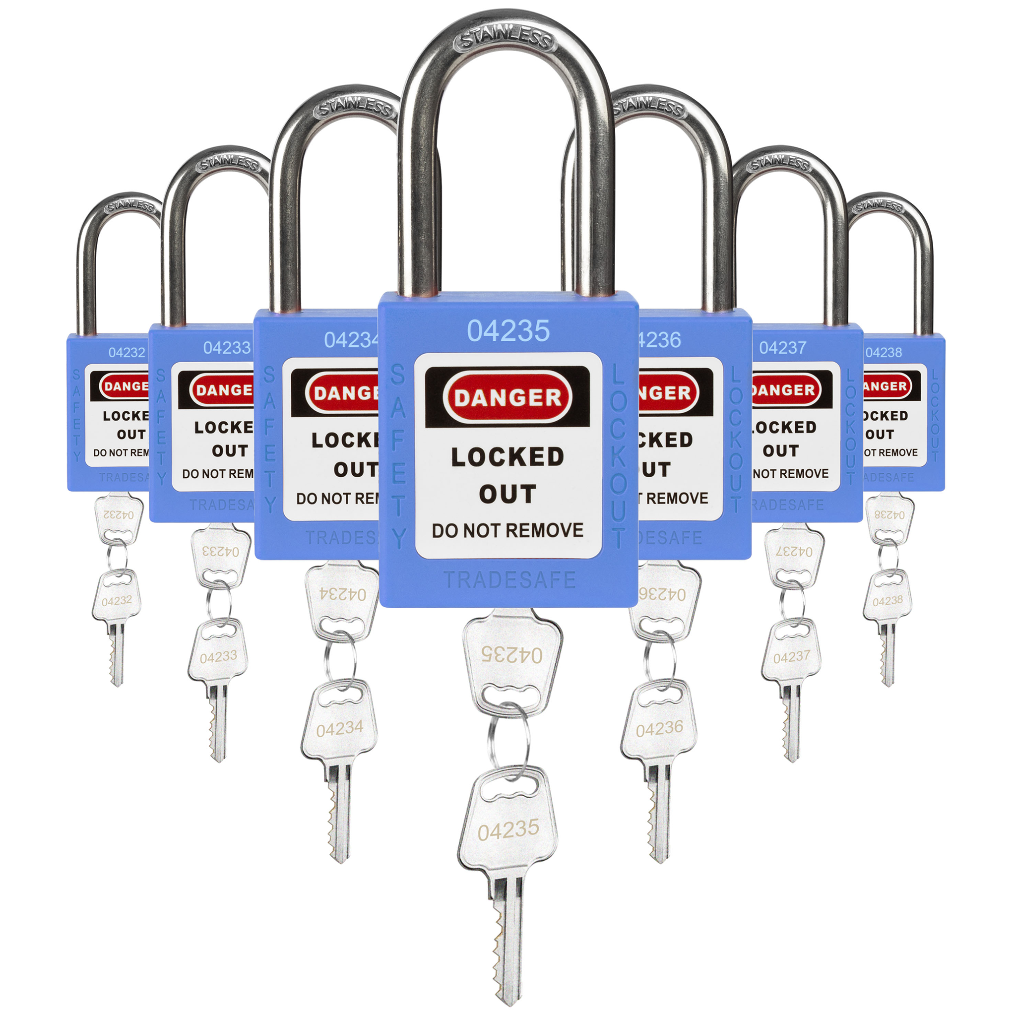 Juego de candados de bloqueo y etiquetado con diferentes llaves - 7 candados de seguridad azules - 2 llaves por candado