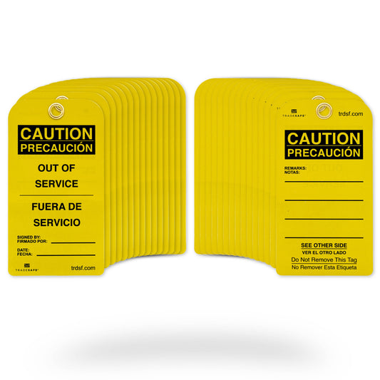 eye-level view of caution out of service tags in 30 pack showing its front and back tags