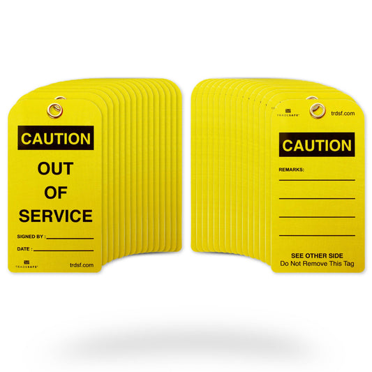 eye-level view of caution out of service tags in 30 pack showing its front and back tags