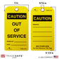 front and back view of caution out of service tags with its dimensions