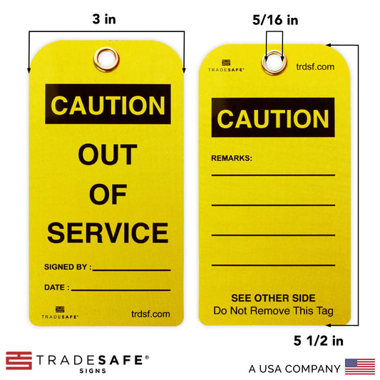 front and back view of caution out of service tags with its dimensions