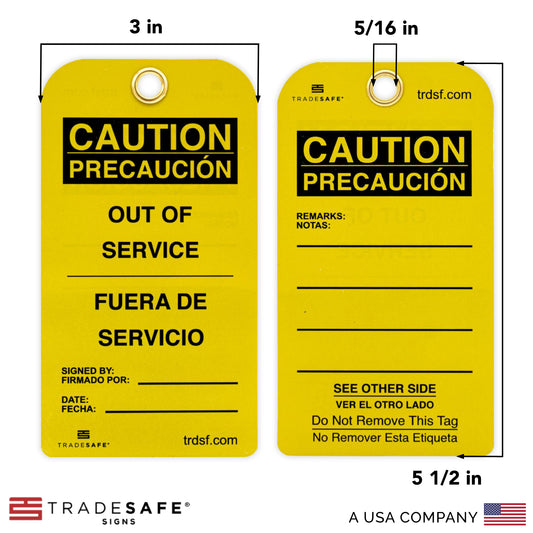 front and back view of bilingual caution out of service tags with its dimensions