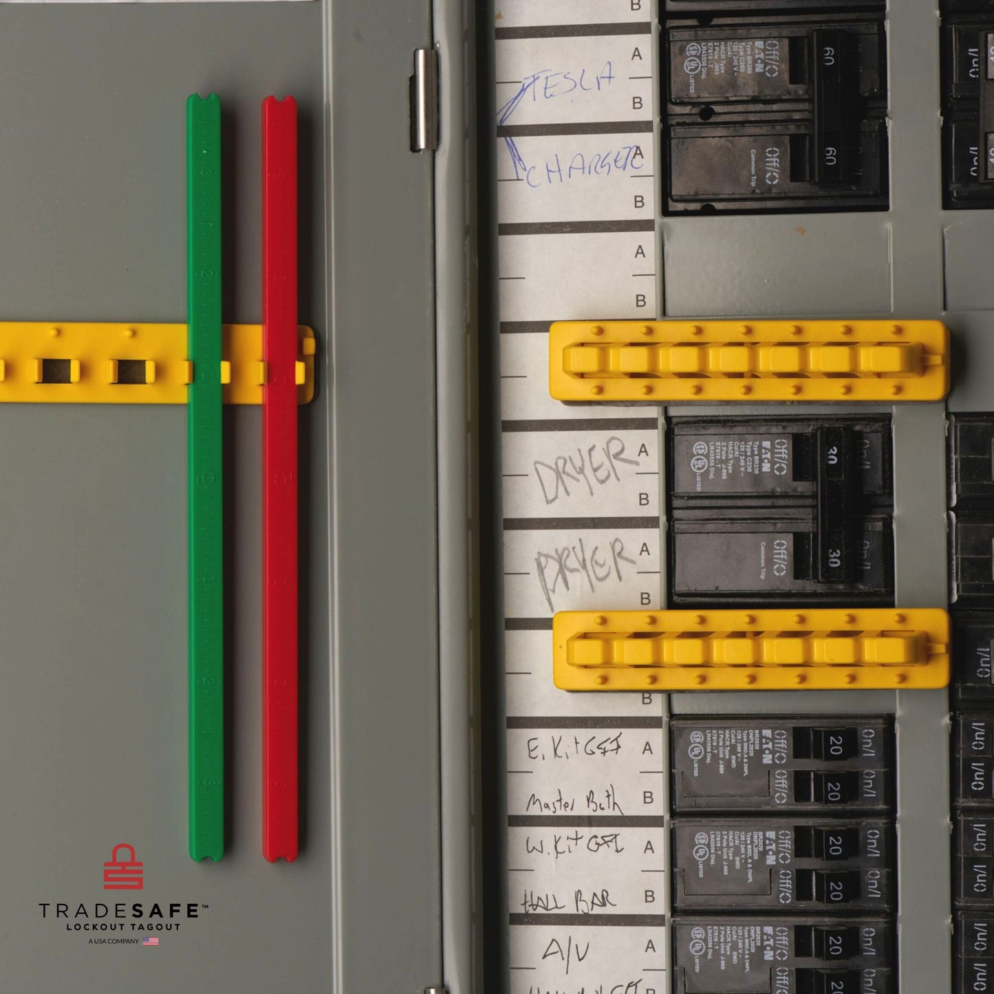 image of red and green circuit breaker blockers when not in use