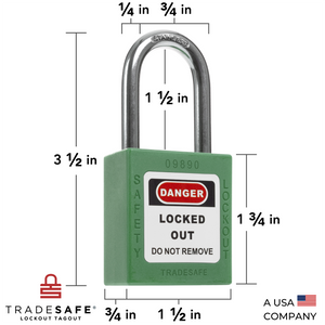 a green lockout tagout padlock with dimensions