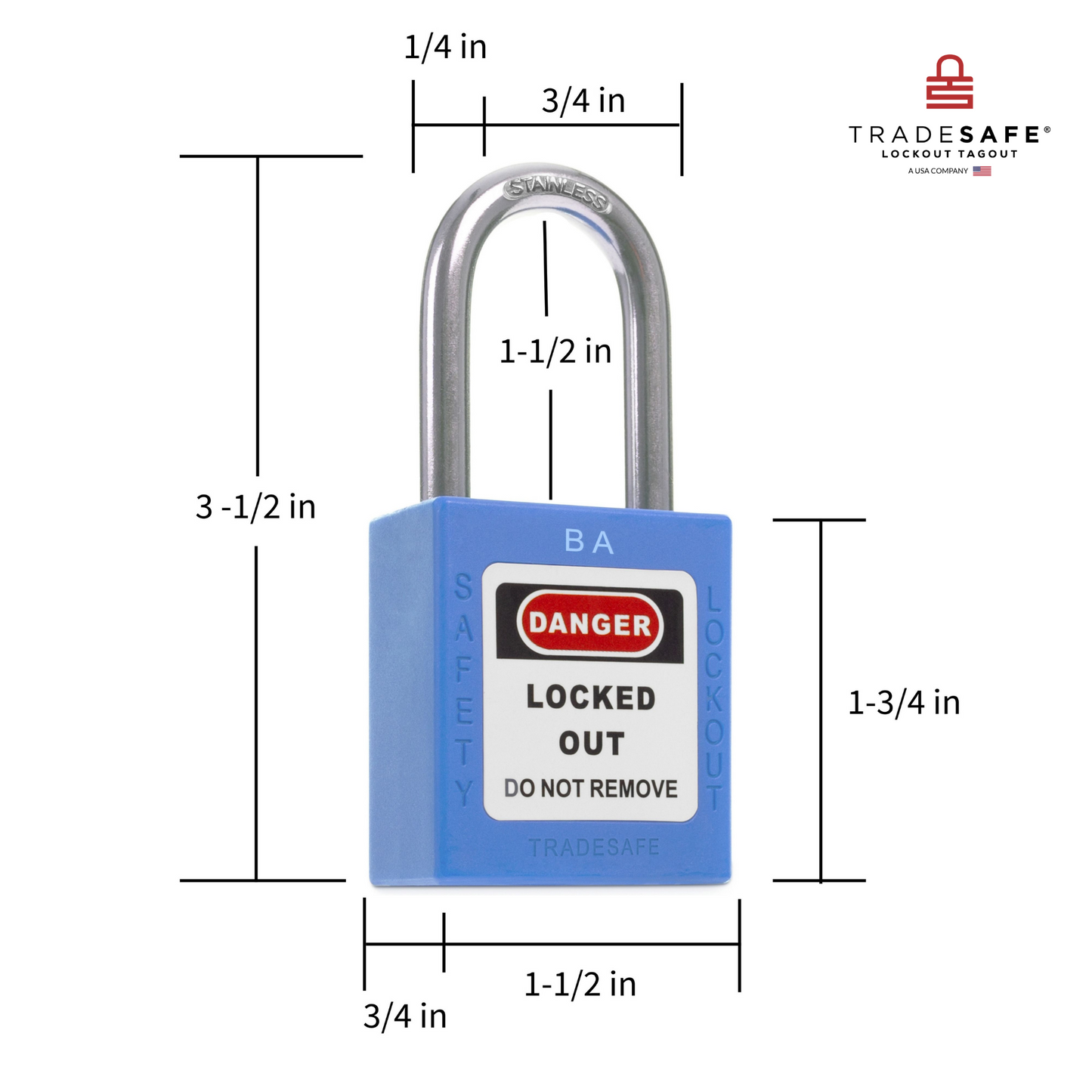 a blue lockout tagout padlock with dimensions