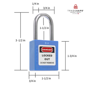 a blue lockout tagout padlock with dimensions