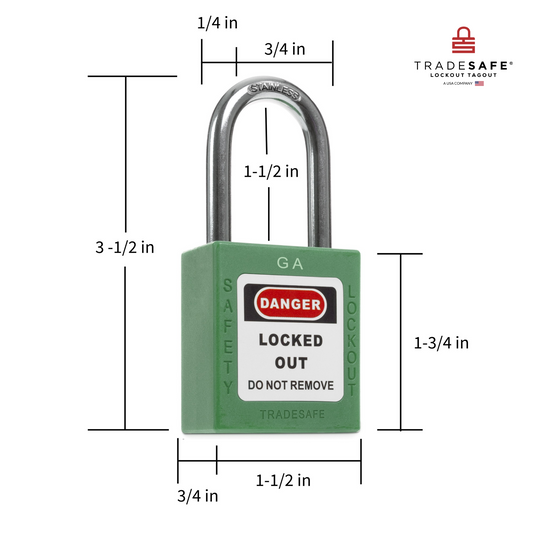 a green lockout tagout padlock with dimensions  