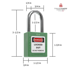 a green lockout tagout padlock with dimensions  