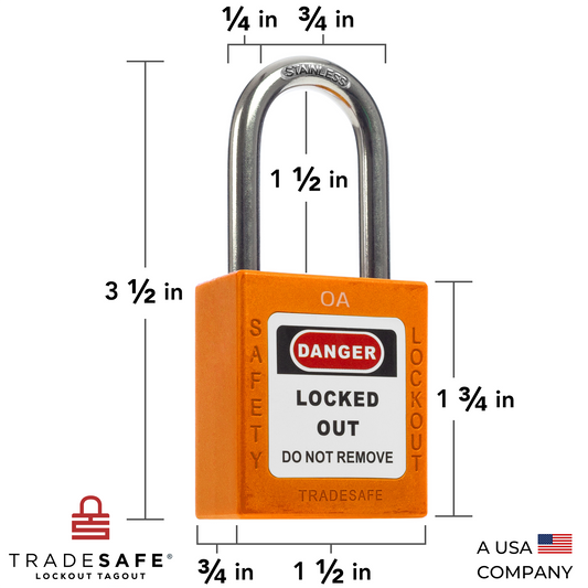 a orange lockout tagout padlock with dimensions