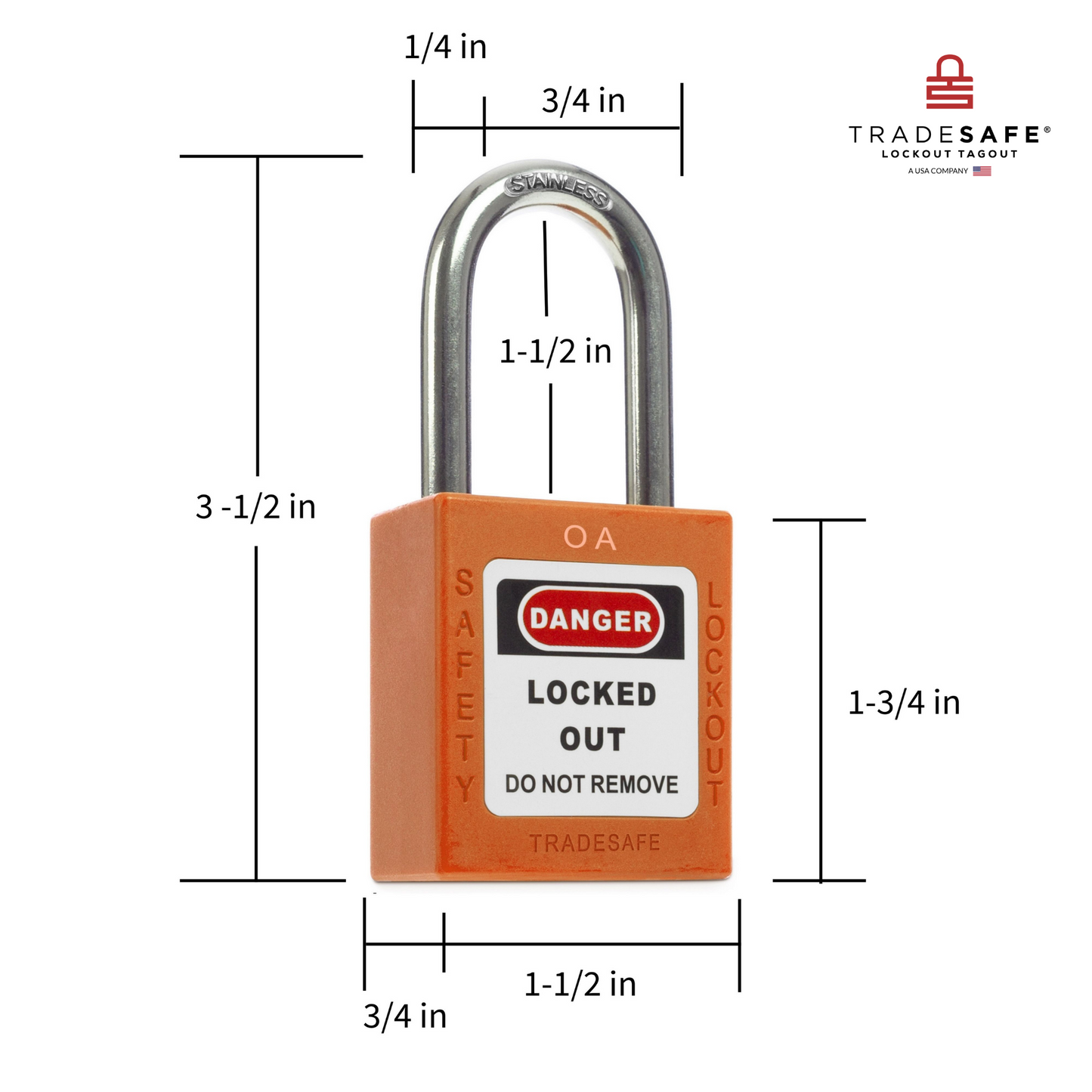 a orange lockout tagout padlock with dimensions 