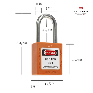 a orange lockout tagout padlock with dimensions 