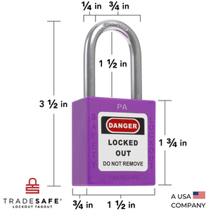 a purple lockout tagout padlock with dimensions