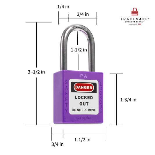 a purple lockout tagout padlock with dimensions  