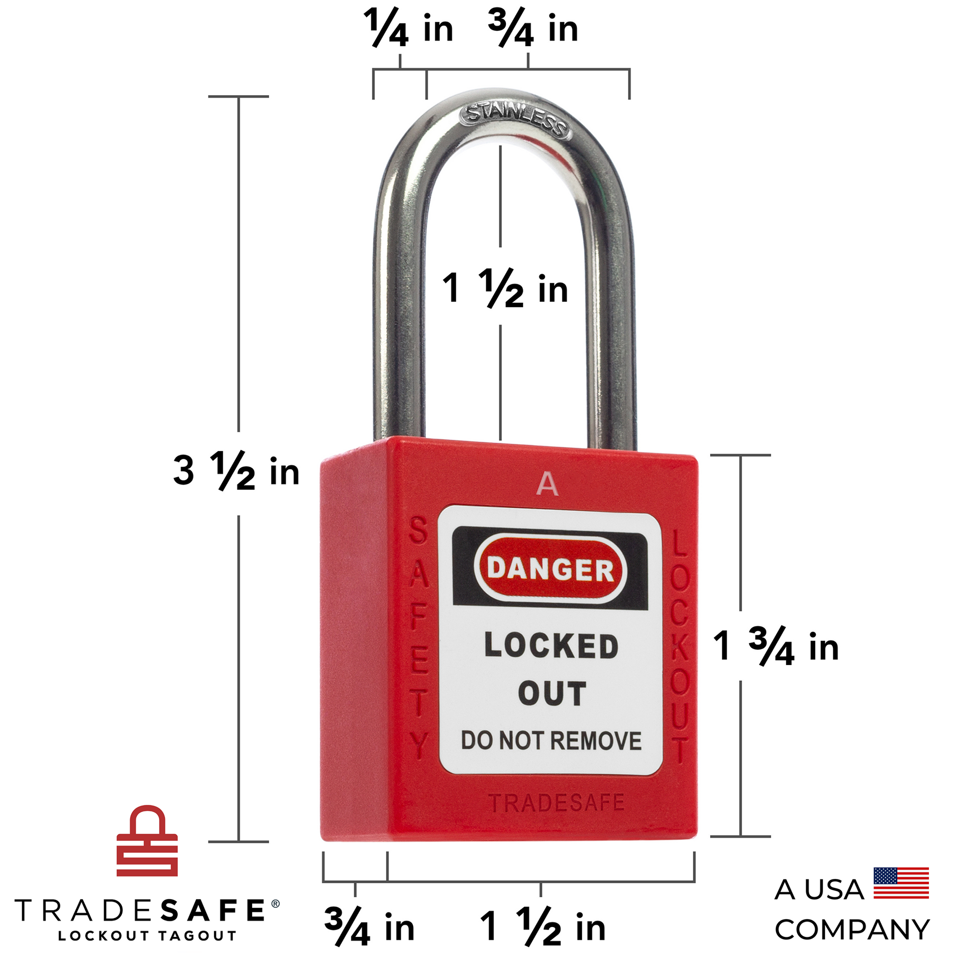 a red lockout tagout padlock with dimensions