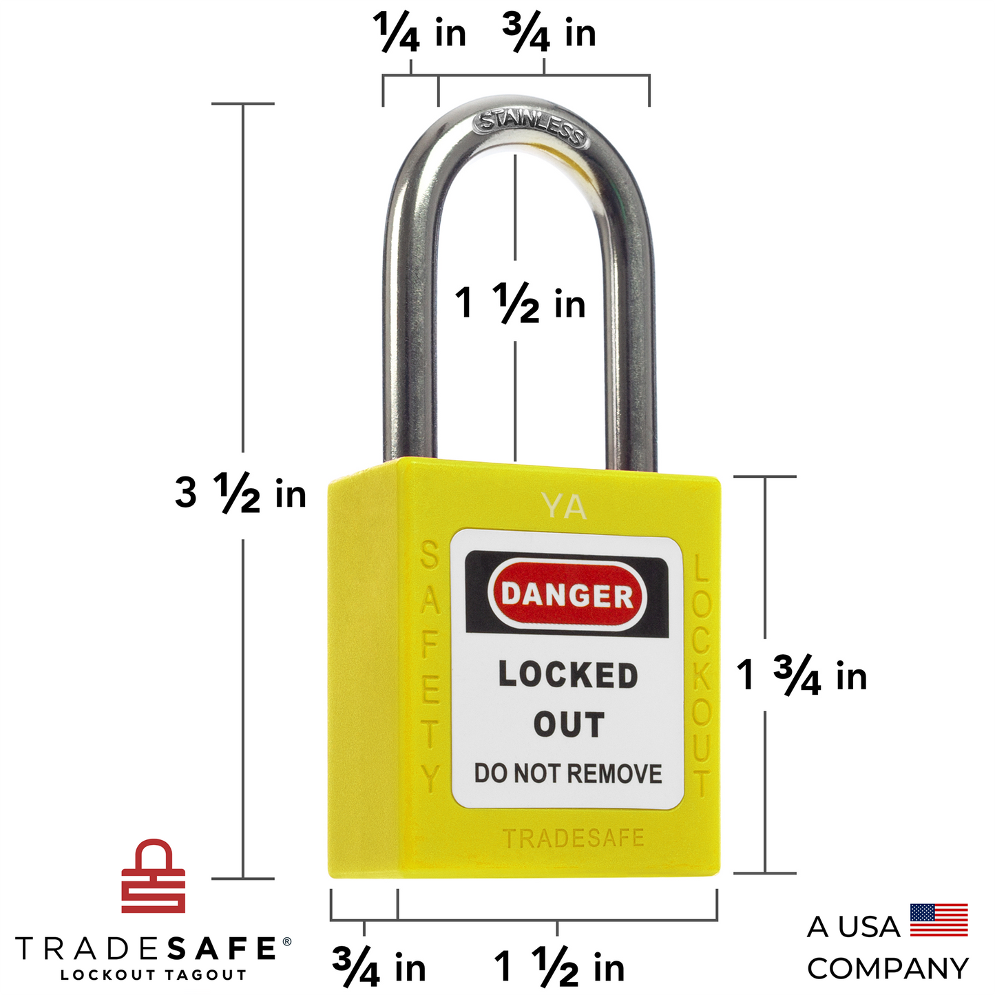 a yellow lockout tagout padlock with dimensions