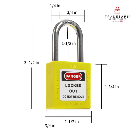 a yellow lockout tagout padlock with dimensions 