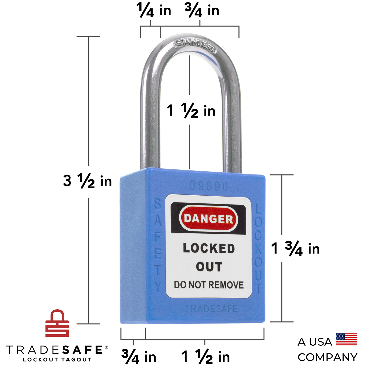 a blue lockout tagout padlock with dimensions