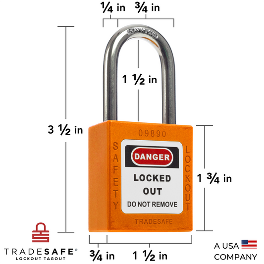 an orange lockout tagout padlock with dimensions
