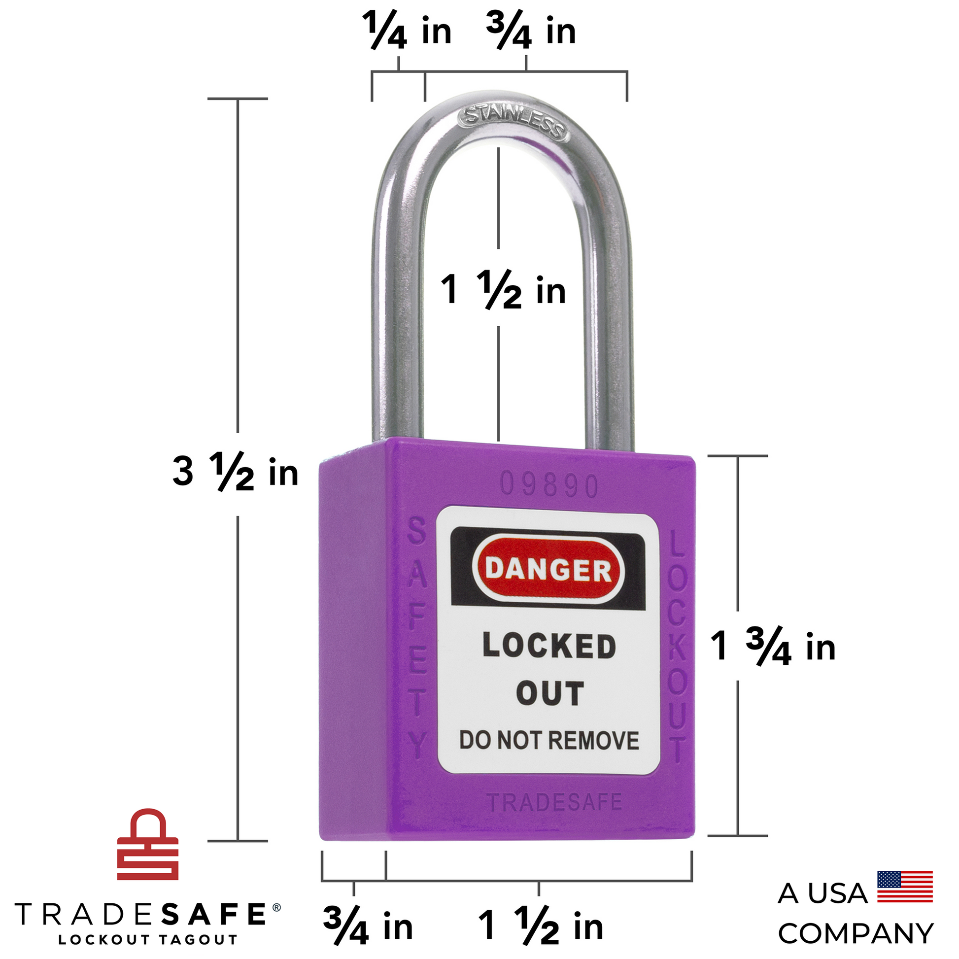 a purple lockout tagout padlock with dimensions