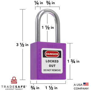 a purple lockout tagout padlock with dimensions