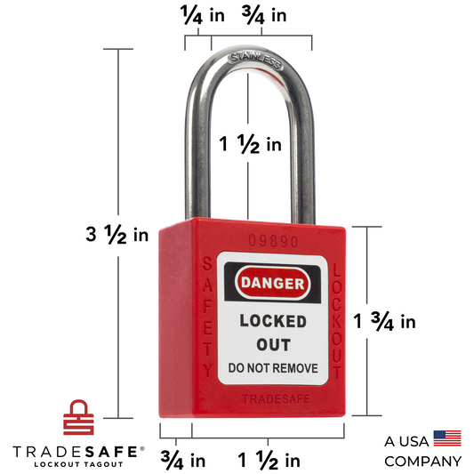 a red lockout tagout padlock with dimensions