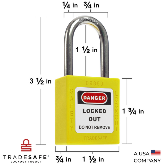 a yellow lockout tagout padlock with dimensions