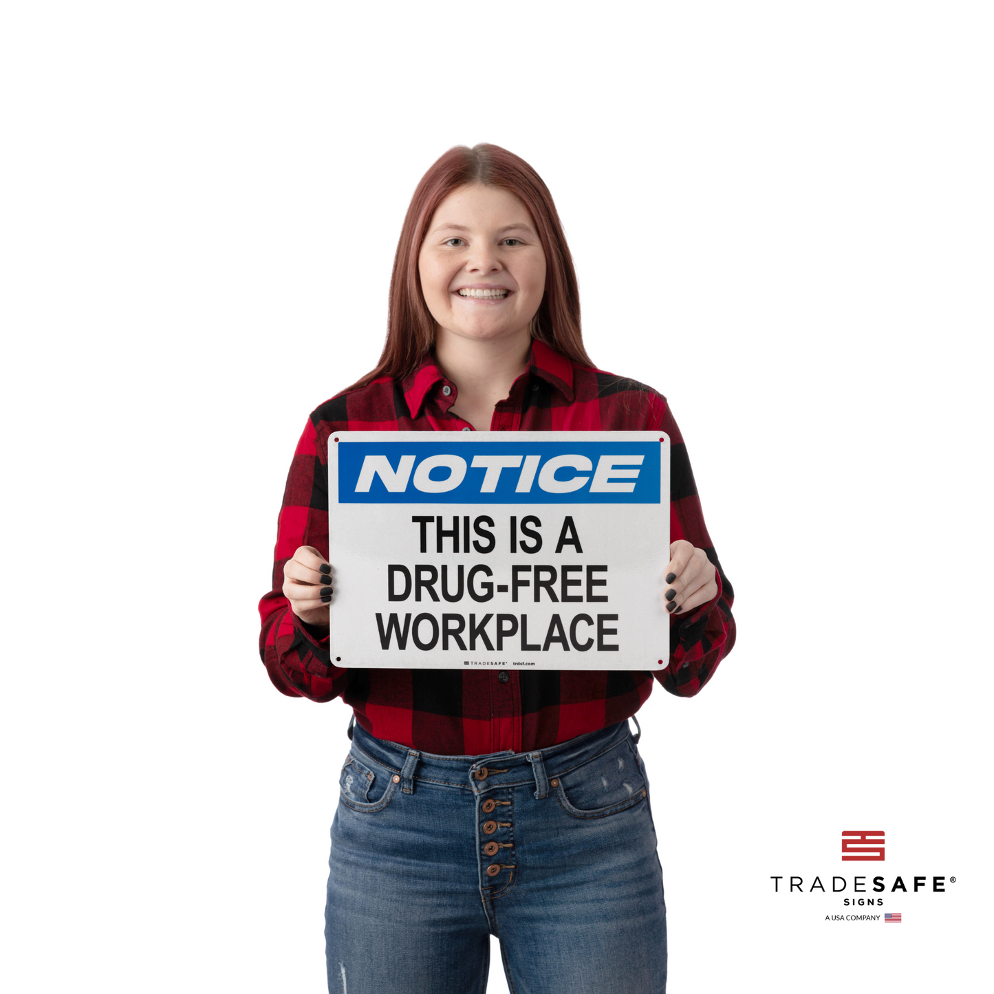 a person holding a notice sign with the text “this is a drug-free workplace”