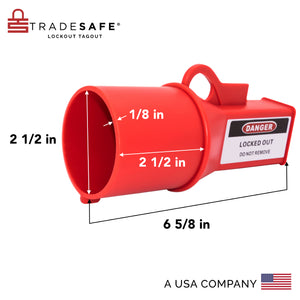 eye-level slanted view of a pin & sleeve socket lockout device with dimensions