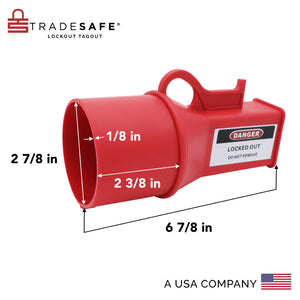 eye-level slanted view of a pin & sleeve socket lockout device with dimensions