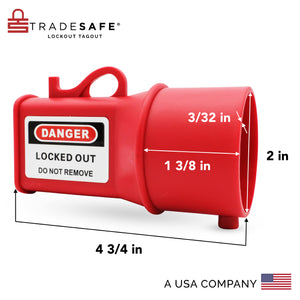 eye-level slanted view of a pin & sleeve socket lockout device with dimensions