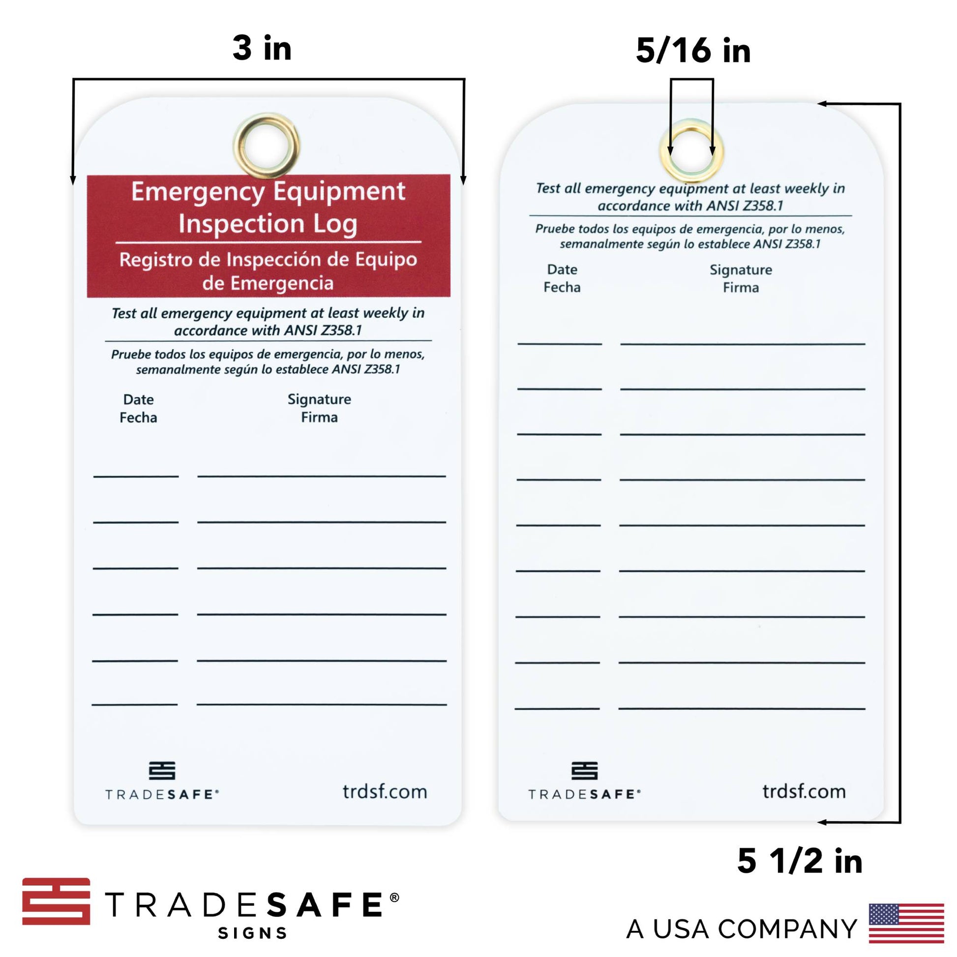 front and back view of emergency equipment inspection log showing its dimensions