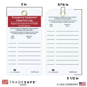 front and back view of emergency equipment inspection log showing its dimensions