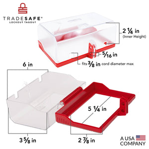 one opened and one closed rectangular push button lockout with transparent cover, red base, and rectangular hole showing its dimensions