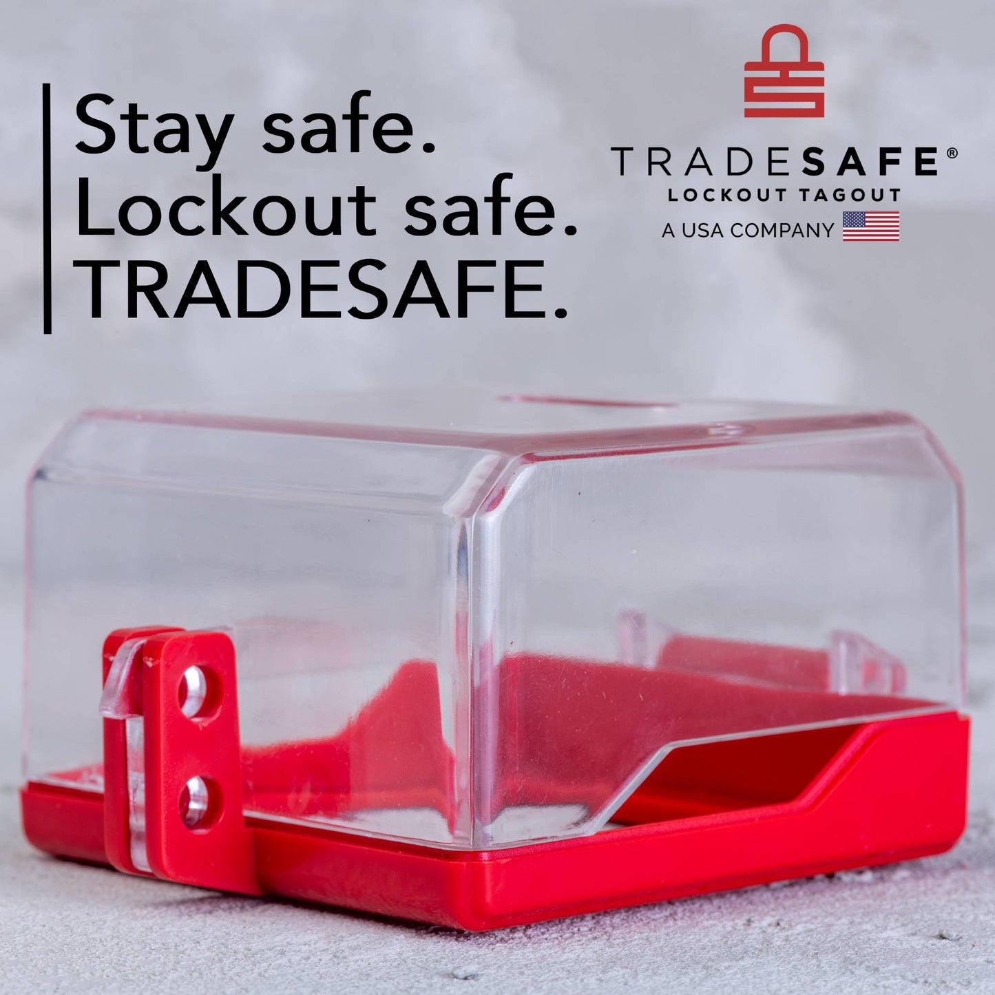 lockout tagout emergency stop button cover brand image; stay safe lockout safe tradesafe