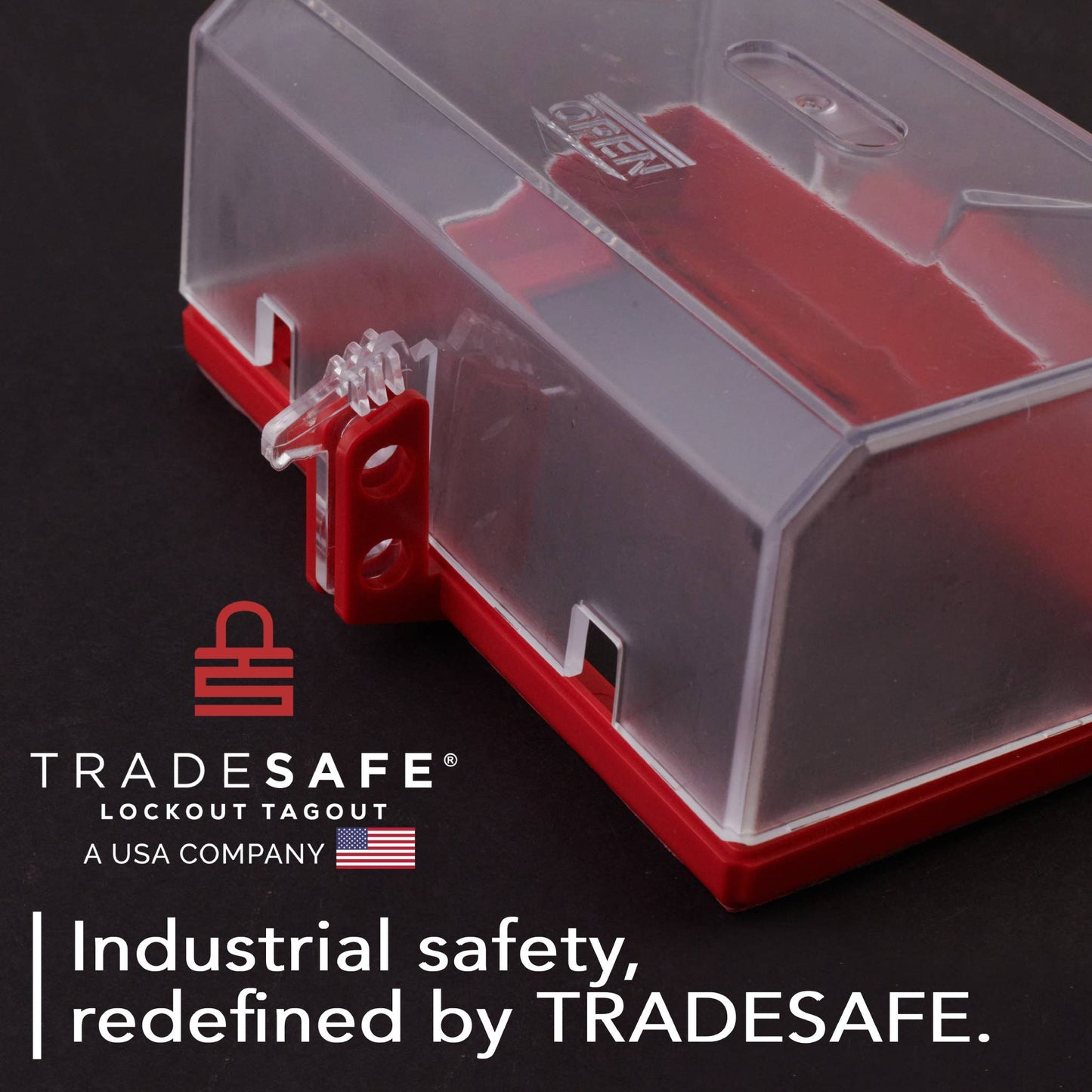 lockout tagout emergency stop button cover brand image; industrial safety redefined by tradesafe