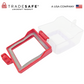 high-angle slanted view of an opened boxed type push button lockout with transparent cover, red base, and square hole