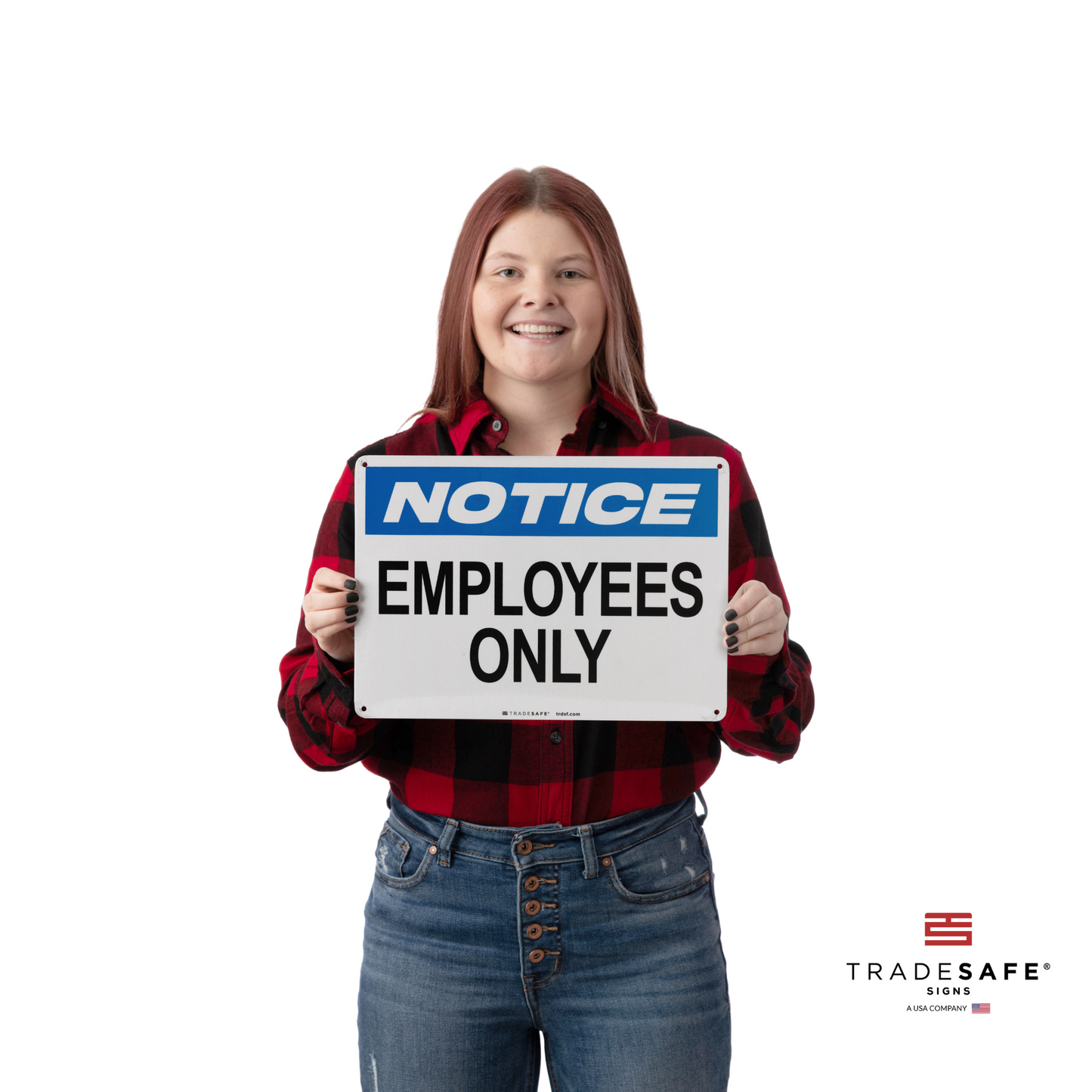a person holding a notice sign with the text "employees only"