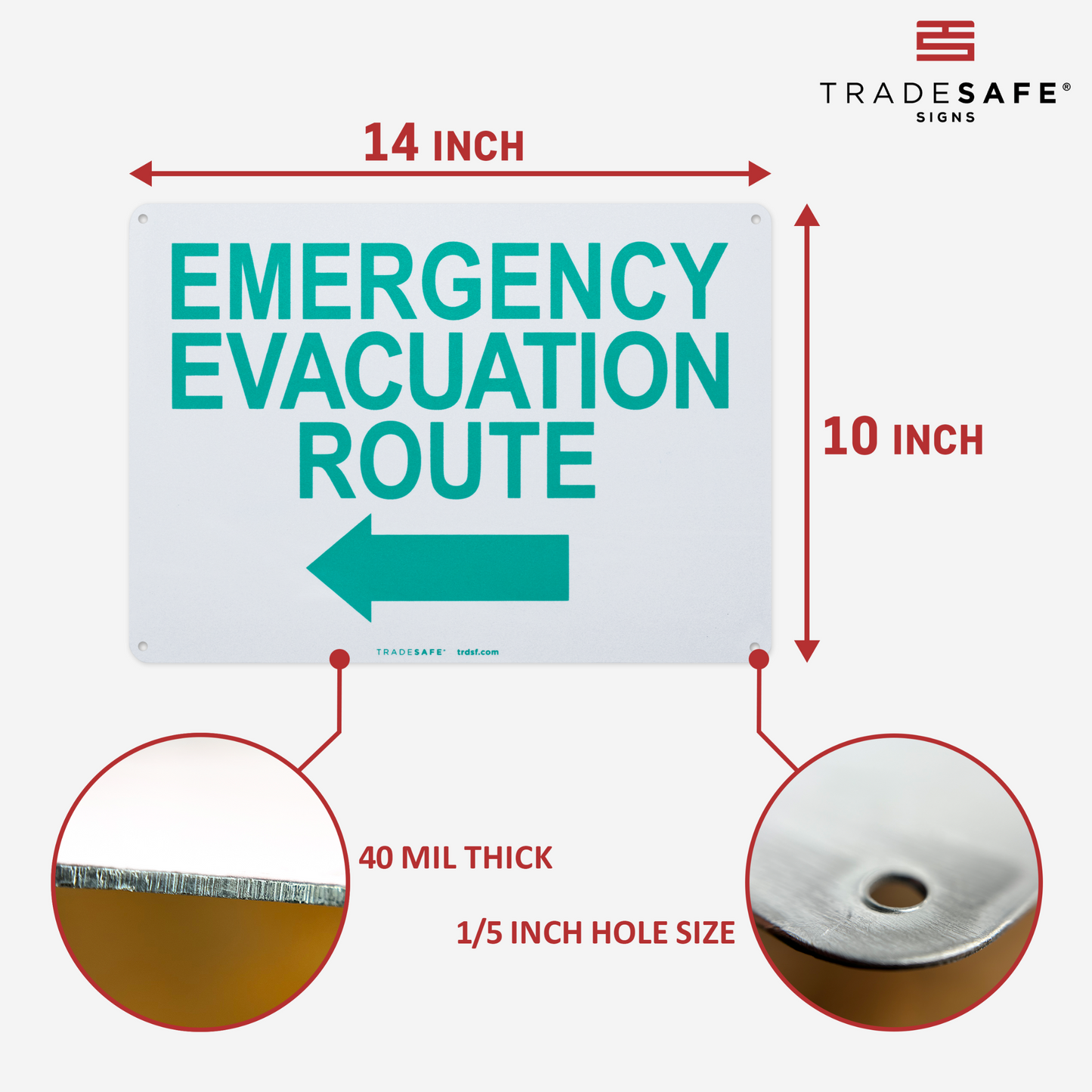 dimensions of emergency evacuation route sign with left arrow
