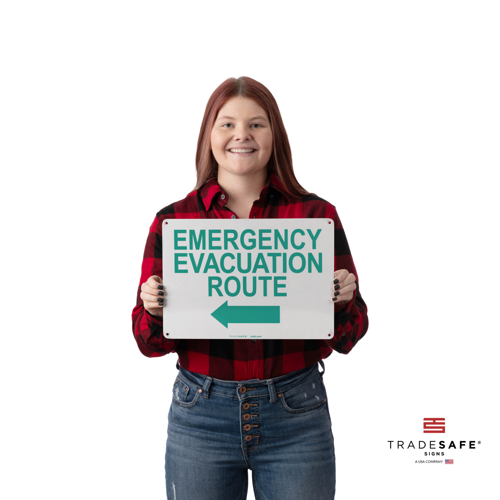 a person holding emergency evacuation route sign with left arrow