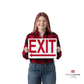 a person holding the exit left arrow sign