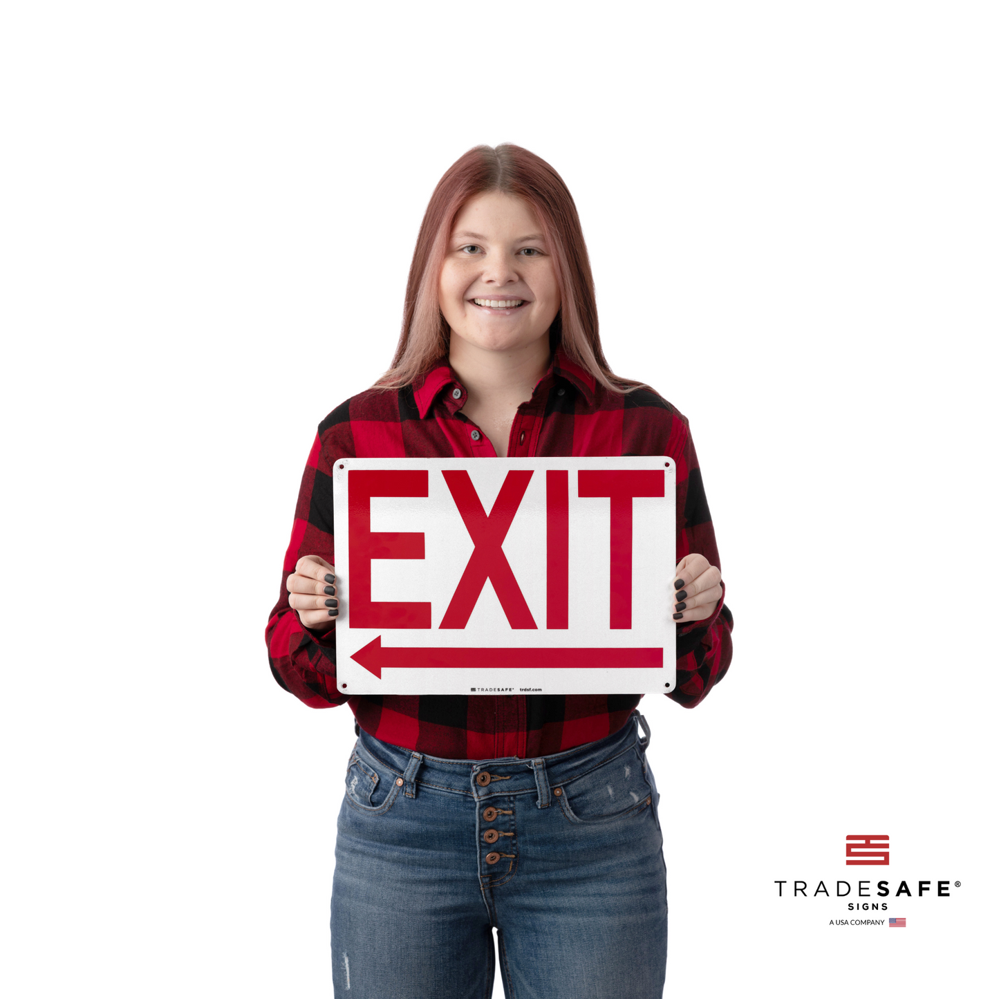 a person holding the exit left arrow sign