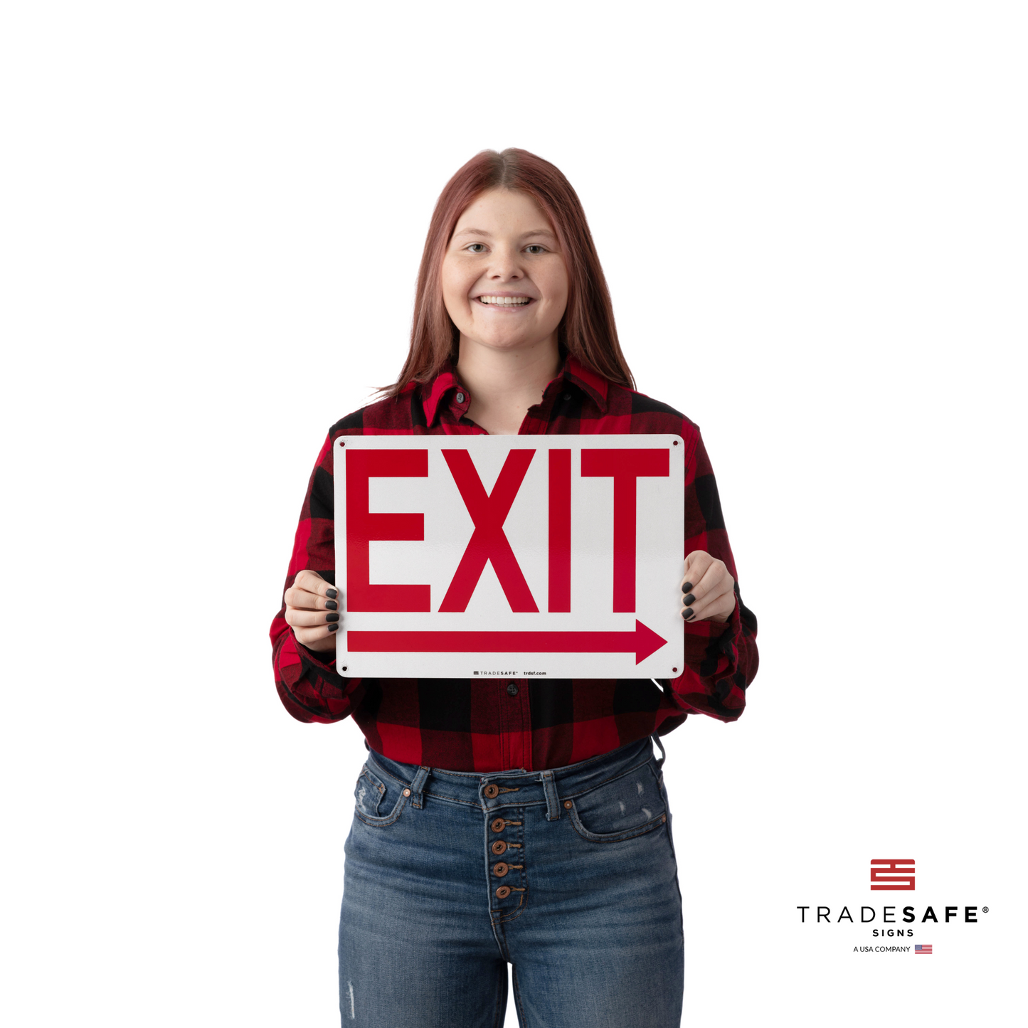 a person holding exit sign with right arrow