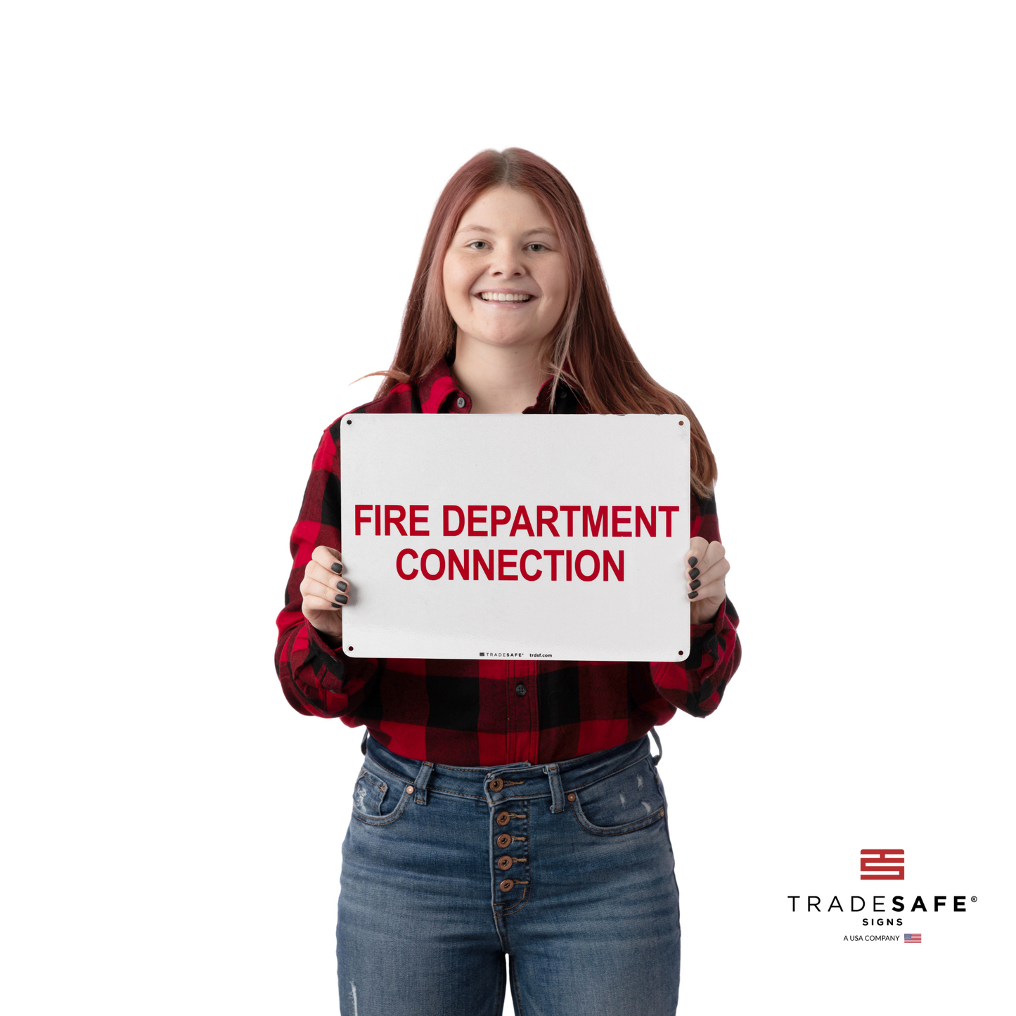 a person holding the fire department connection sign
