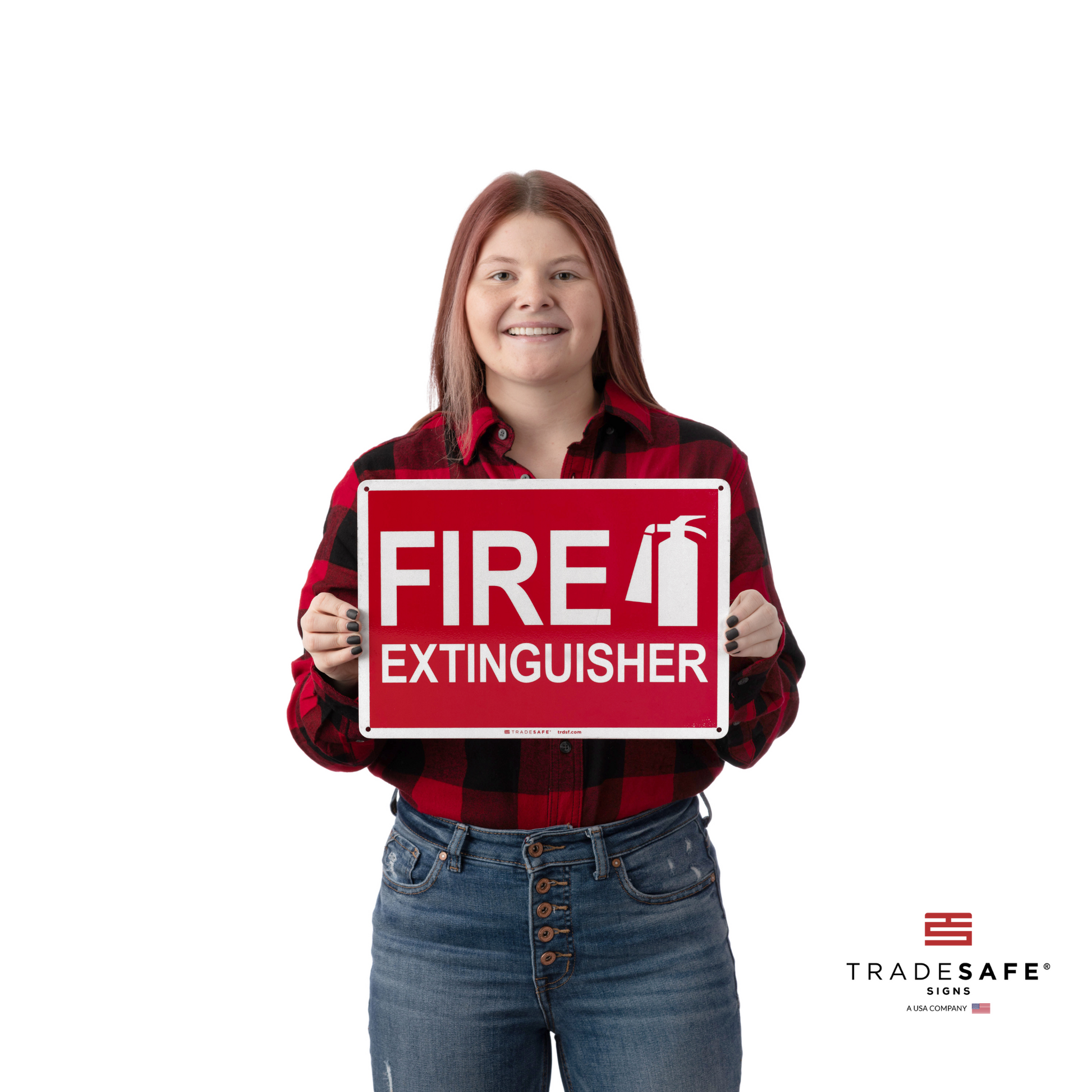 a person holding the fire extinguisher sign