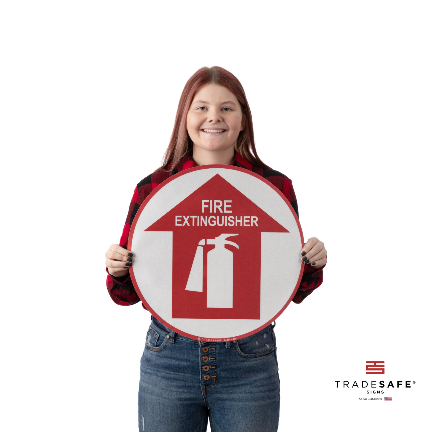 a person holding the fire extinguisher sign