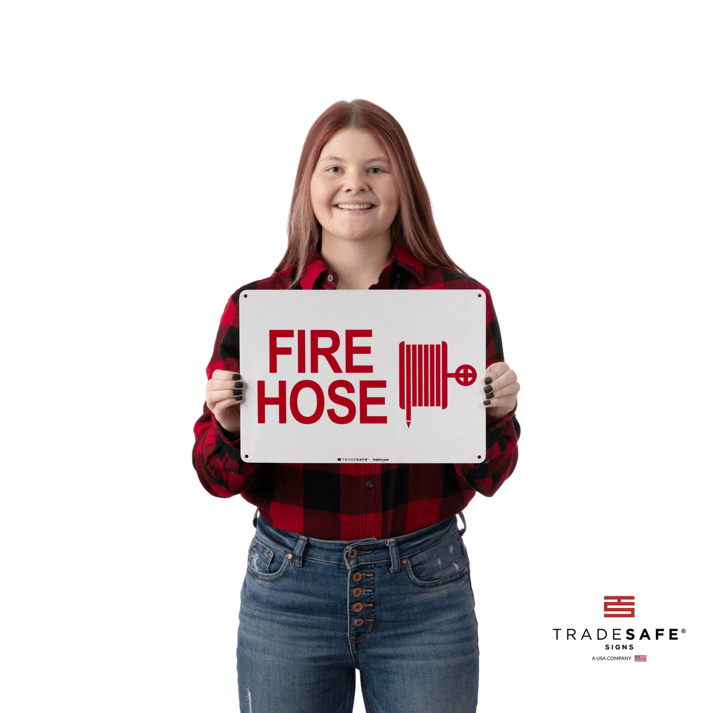 a person holding the fire hose sign