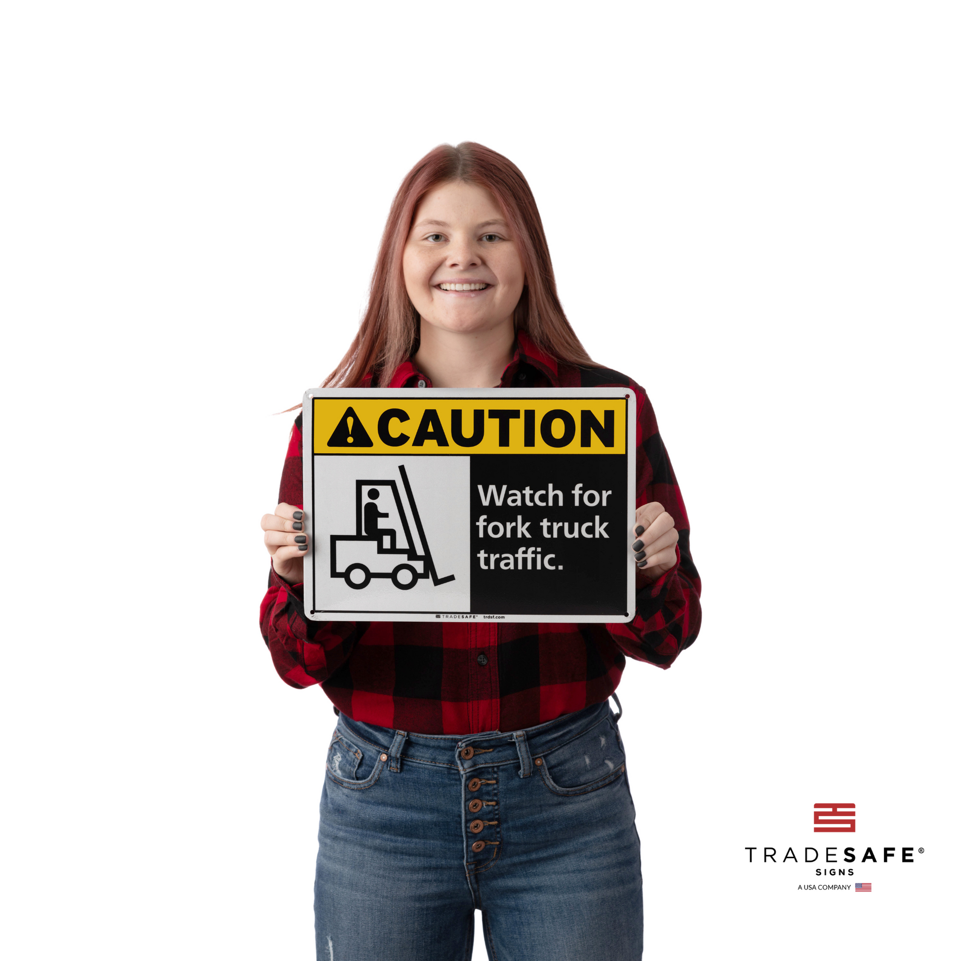 a person holding the forklift traffic sign