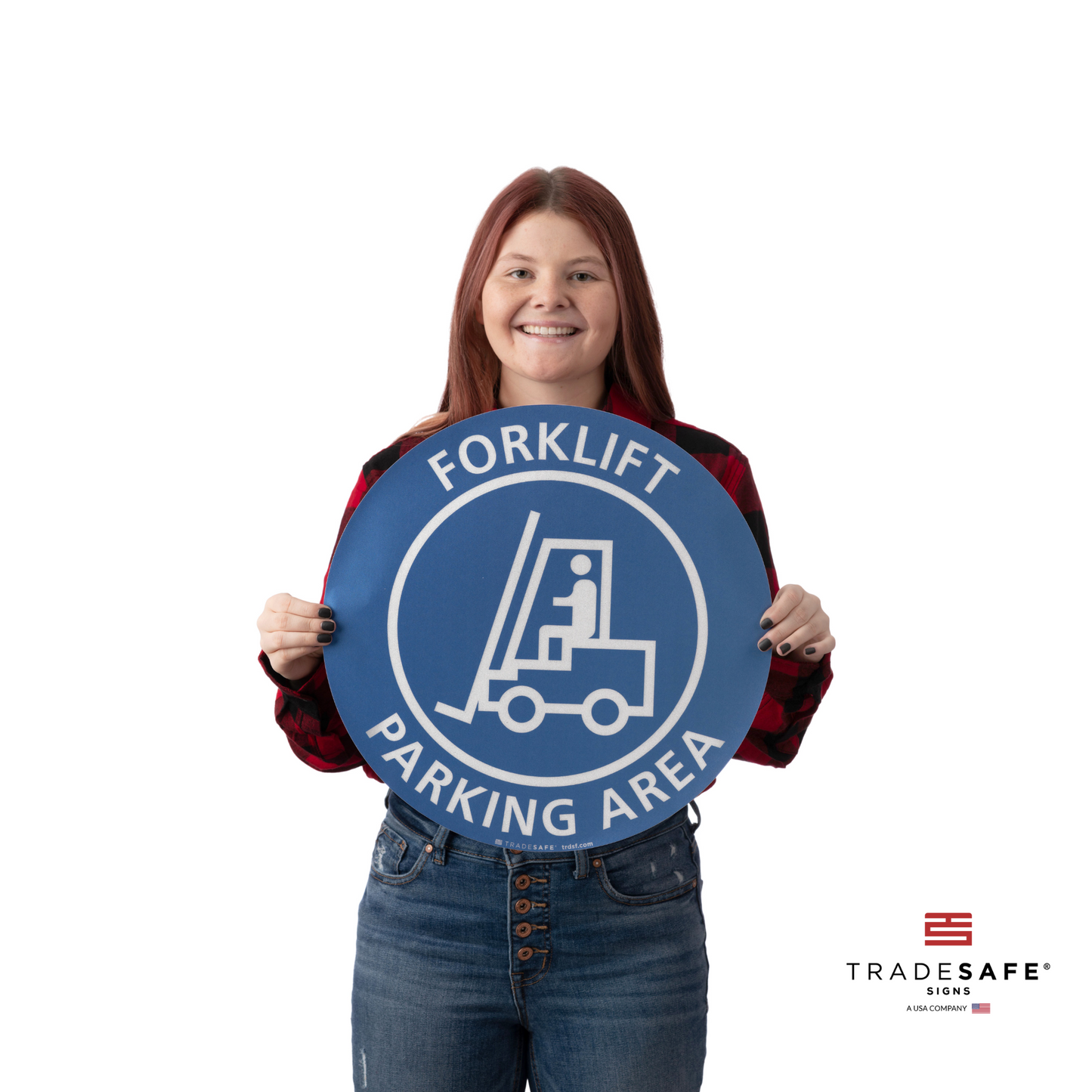 a person holding forklift parking area sign
