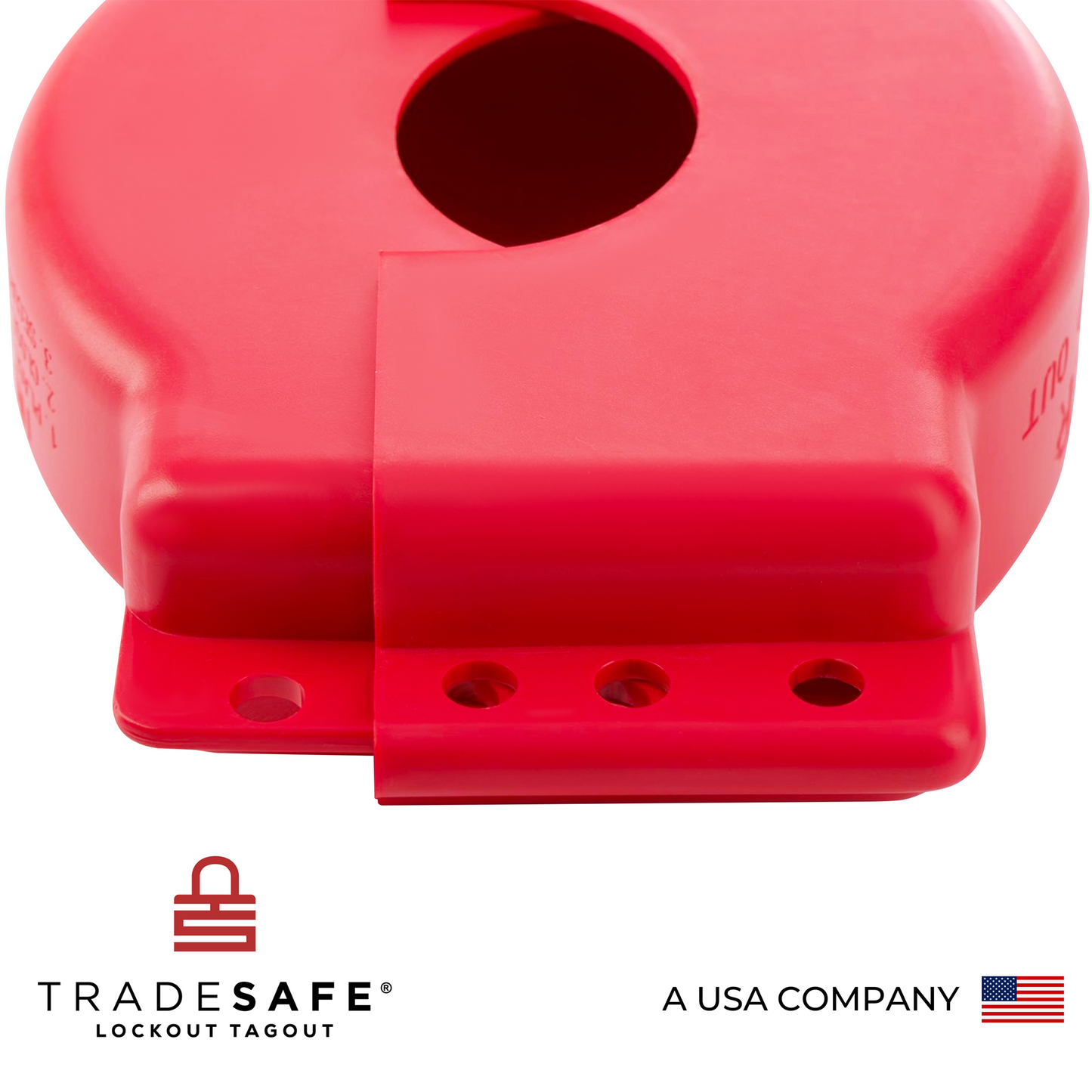 close up view of the padlock holes of a red gate valve lockout device