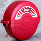 slanted view of a red gate valve lockout device